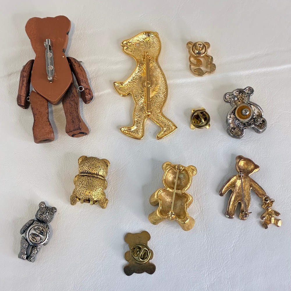 Vintage Teddy Bear Brooch Pin Lot Figural Articulated Gold Tone - Picture 2 of 12